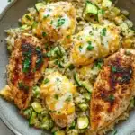 Skillet chicken zucchini and cheesy rice - the image shows a plate of food with a serving of rice and chicken. the rice is a light brown color and appears to be cooked until it is soft and fluffy. on top of the rice, there are several pieces of grilled chicken, which are golden brown and have a crispy texture. the chicken is garnished with chopped green herbs, likely parsley or chives. the dish is served in a gray bowl with a white tablecloth in the background.
