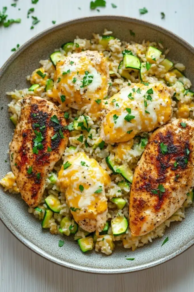 Skillet chicken zucchini and cheesy rice - the image shows a plate of food with a serving of rice and chicken. the rice is a light brown color and appears to be cooked until it is soft and fluffy. on top of the rice, there are several pieces of grilled chicken, which are golden brown and have a crispy texture. the chicken is garnished with chopped green herbs, likely parsley or chives. the dish is served in a gray bowl with a white tablecloth in the background.