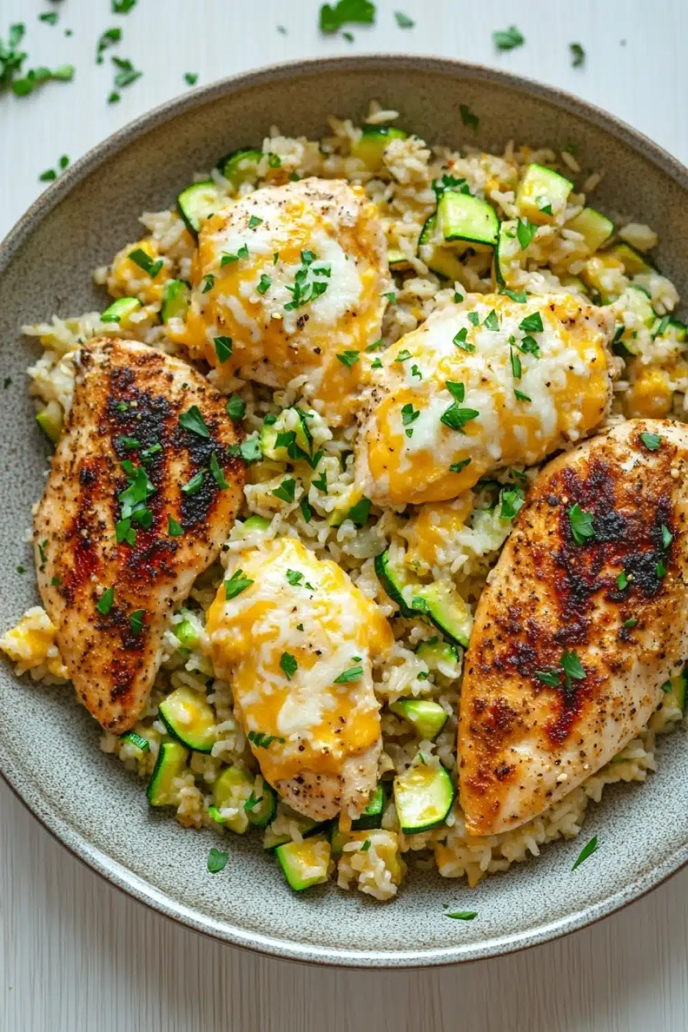 Skillet chicken zucchini and cheesy rice - the image shows a plate of food with a serving of rice and chicken. the rice is a light brown color and appears to be cooked until it is soft and fluffy. on top of the rice, there are several pieces of grilled chicken, which are golden brown and have a crispy texture. the chicken is garnished with chopped green herbs, likely parsley or chives. the dish is served in a gray bowl with a white tablecloth in the background.