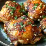 Skillet garlic dijon chicken thighs - the image shows a plate of grilled chicken drumsticks. the drumsticks are golden brown and appear to be seasoned with sesame seeds and herbs. they are arranged in a circular pattern on the plate, with some overlapping each other. the plate is dark and has a textured surface. the background is blurred, but it appears to be a kitchen countertop.