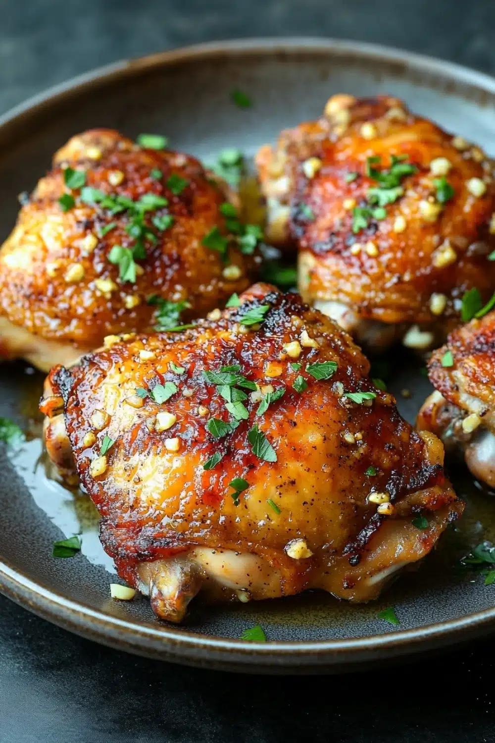 Skillet garlic dijon chicken thighs - the image shows a plate of grilled chicken drumsticks. the drumsticks are golden brown and appear to be seasoned with sesame seeds and herbs. they are arranged in a circular pattern on the plate, with some overlapping each other. the plate is dark and has a textured surface. the background is blurred, but it appears to be a kitchen countertop.