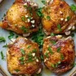 Skillet garlic dijon chicken thighs - the image shows a plate of four pieces of grilled chicken thighs. the chicken thighs are golden brown and appear to be seasoned with herbs and spices. they are arranged in a circular pattern on the plate, with some scattered around the edges. the plate is light blue in color and has a textured surface. there are also a few sprigs of fresh parsley on the side of the plate. the background is a beige countertop.