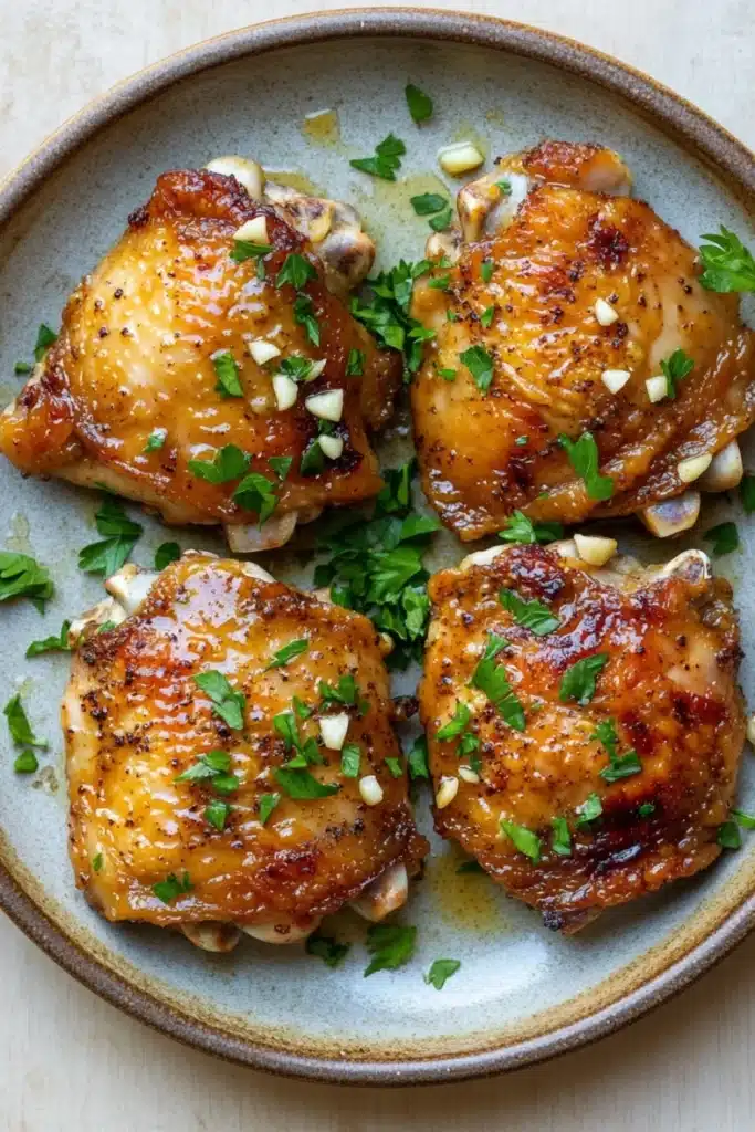 Skillet garlic dijon chicken thighs - the image shows a plate of four pieces of grilled chicken thighs. the chicken thighs are golden brown and appear to be seasoned with herbs and spices. they are arranged in a circular pattern on the plate, with some scattered around the edges. the plate is light blue in color and has a textured surface. there are also a few sprigs of fresh parsley on the side of the plate. the background is a beige countertop.