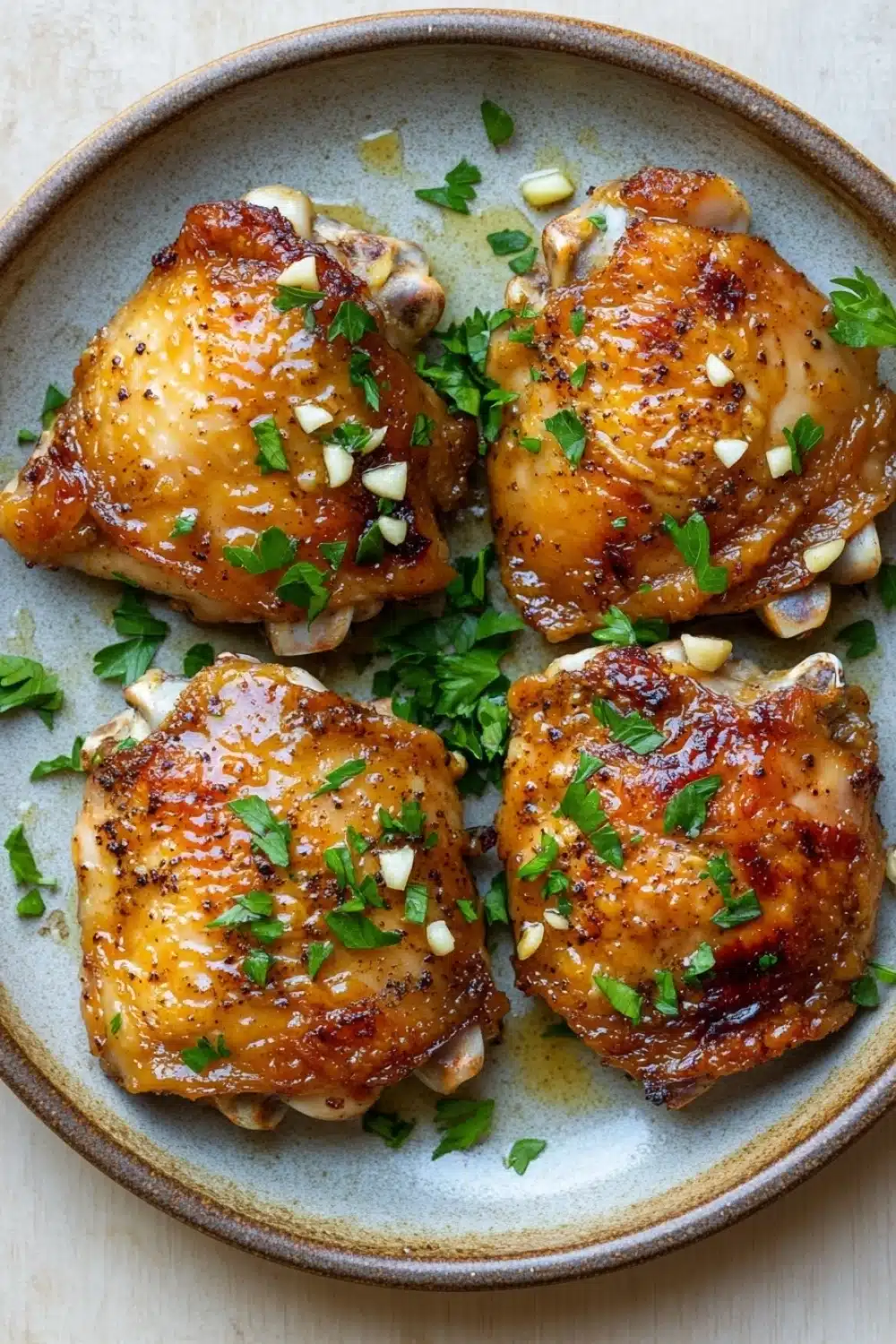 Skillet garlic dijon chicken thighs - the image shows a plate of four pieces of grilled chicken thighs. the chicken thighs are golden brown and appear to be seasoned with herbs and spices. they are arranged in a circular pattern on the plate, with some scattered around the edges. the plate is light blue in color and has a textured surface. there are also a few sprigs of fresh parsley on the side of the plate. the background is a beige countertop.