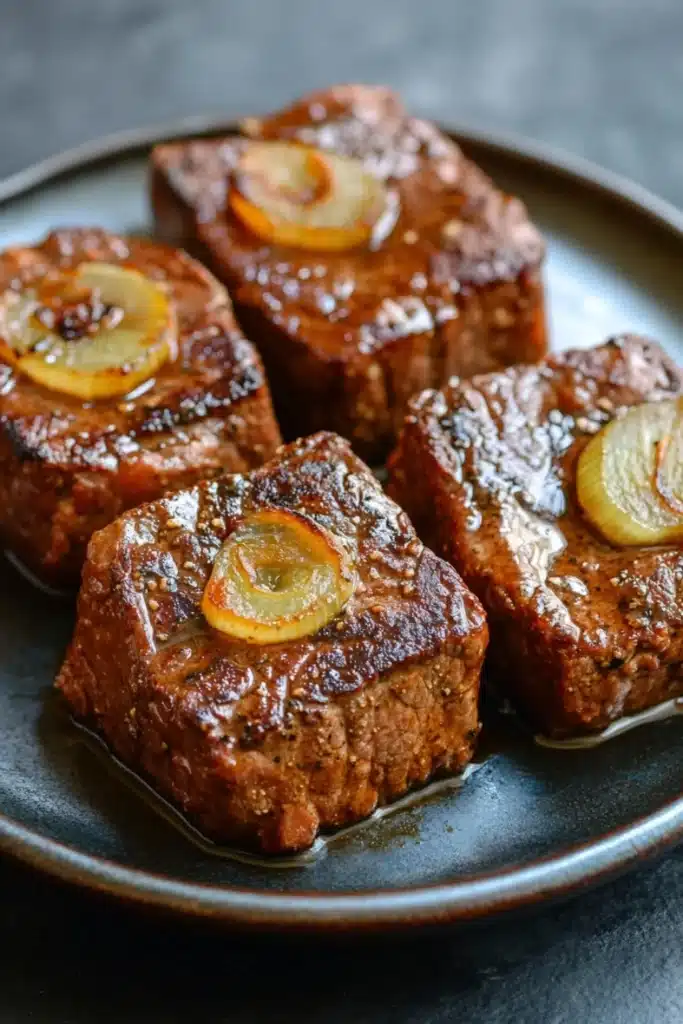Slow cooker beef cube steak - the image shows four square-shaped pieces of meatloaf on a black plate. the meat appears to be cooked and has a golden brown color. each piece is garnished with sliced onions on top, giving it a fresh and appetizing appearance. the plate is sitting on a dark grey countertop, and the background is blurred, making the meat and onions the focal point of the image.
