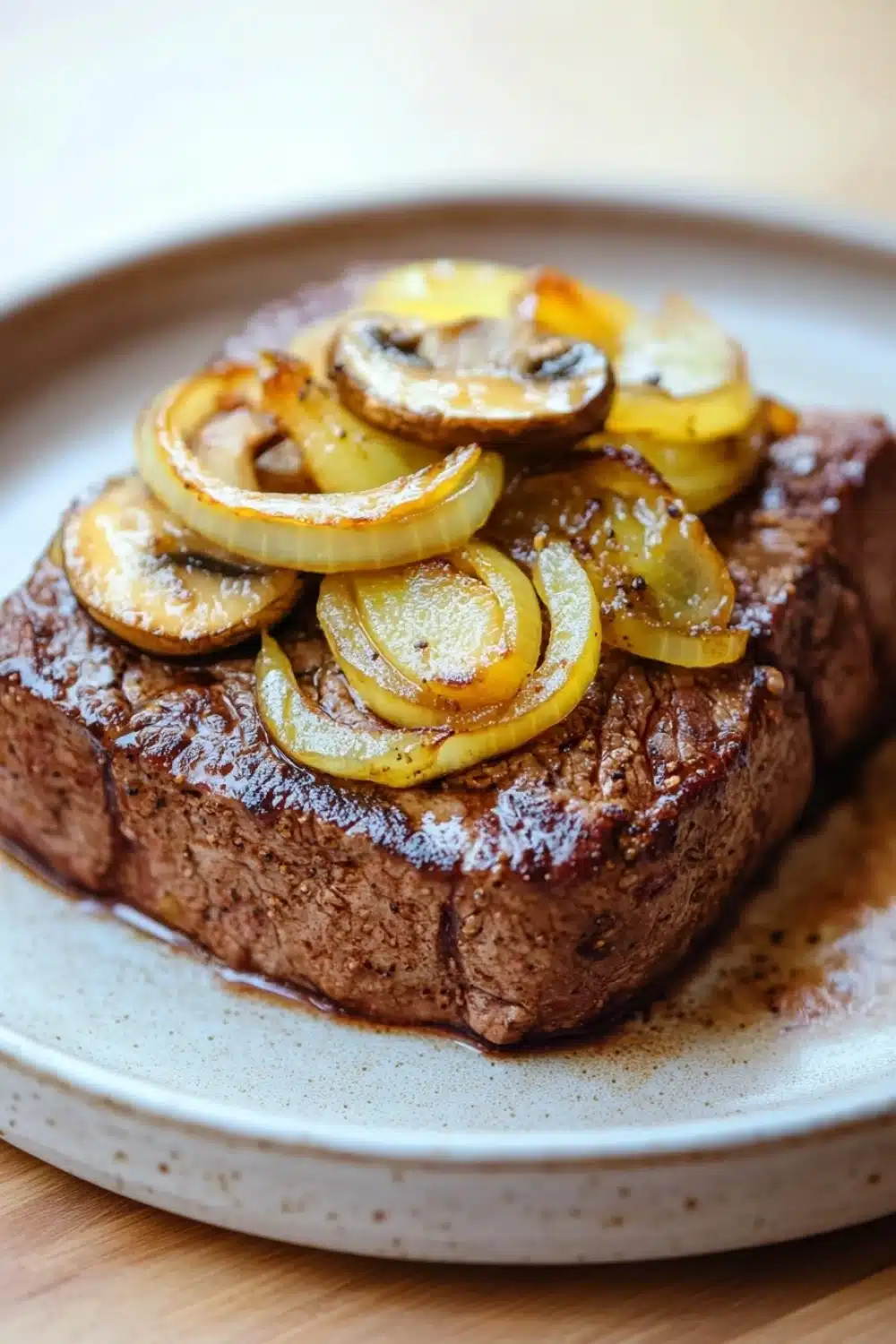 Slow cooker beef cube steak - the image shows a plate of food with a piece of steak on it. the steak appears to be cooked medium-rare and has a dark brown crust on the outside. on top of the steak, there are sliced onions arranged in a circular pattern. the onions are golden brown and appear to be seasoned with herbs and spices. the plate is white with a speckled pattern and is sitting on a wooden table. the background is blurred, but it seems to be a kitchen countertop.