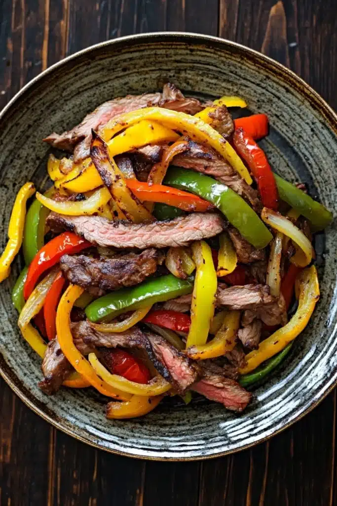 Slow cooker beef fajitas slow cooker - the image is a close-up of a plate of food. the plate is made of ceramic and has a dark brown color. the food appears to be a stir-fry dish with sliced beef and colorful bell peppers. the beef is cooked medium-rare and the peppers are bright red, yellow, and green. the peppers are arranged in a circular pattern around the beef, with some overlapping each other. the dish is garnished with a sprinkle of herbs and spices. the background is a wooden table with a rustic texture.