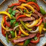 Slow cooker beef fajitas slow cooker - the image is a close-up of a plate of food. the plate is round and has a speckled pattern around the edges. the food appears to be a stir-fry with sliced beef, red and yellow bell peppers, and sliced onions. the beef is cooked medium-rare and is arranged in a circular pattern on top of the peppers. the peppers are bright red, yellow, and green, and the onions are sliced into thin strips. there is a sprig of cilantro on top, adding a pop of green to the dish. the background is a dark grey textured surface.