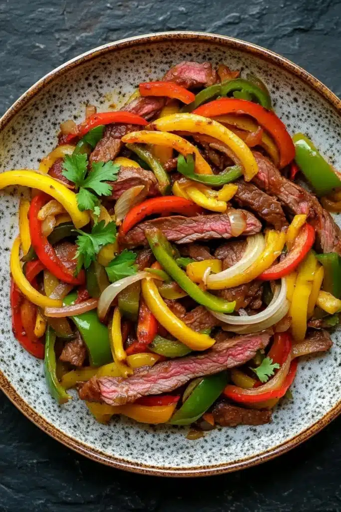 Slow cooker beef fajitas slow cooker - the image is a close-up of a plate of food. the plate is round and has a speckled pattern around the edges. the food appears to be a stir-fry with sliced beef, red and yellow bell peppers, and sliced onions. the beef is cooked medium-rare and is arranged in a circular pattern on top of the peppers. the peppers are bright red, yellow, and green, and the onions are sliced into thin strips. there is a sprig of cilantro on top, adding a pop of green to the dish. the background is a dark grey textured surface.