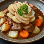 Slow cooker beef hotpot - the image is a close-up of a dish in a brown ceramic bowl. the dish appears to be a beef stew with chunks of beef, potatoes, and carrots. the beef is cooked medium-rare and the potatoes are cut into thin slices. the carrots are bright orange and are scattered throughout the dish. there is a sprig of fresh parsley on top of the beef. the broth is a rich brown color and looks thick and thick. the bowl is sitting on a dark grey countertop.
