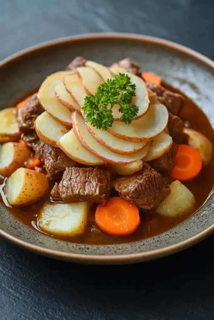 Slow cooker beef hotpot - the image is a close-up of a dish in a brown ceramic bowl. the dish appears to be a beef stew with chunks of beef, potatoes, and carrots. the beef is cooked medium-rare and the potatoes are cut into thin slices. the carrots are bright orange and are scattered throughout the dish. there is a sprig of fresh parsley on top of the beef. the broth is a rich brown color and looks thick and thick. the bowl is sitting on a dark grey countertop.
