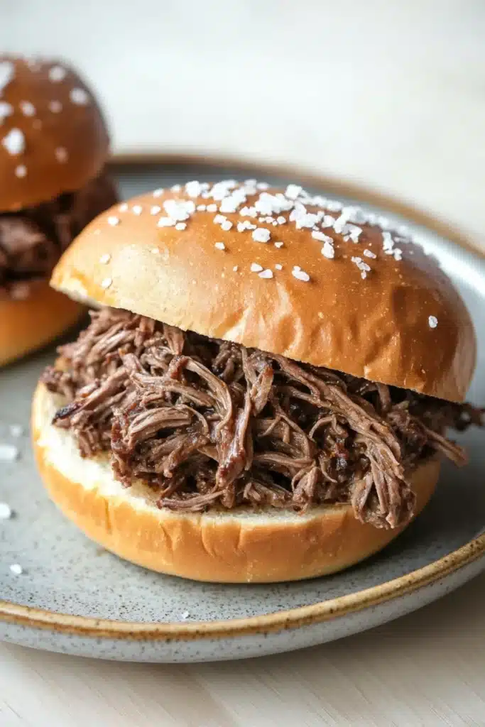 Slow cooker beef on weck - the image shows two pulled pork sandwiches on a blue and white plate. the sandwiches are made with a sesame seed bun and are topped with shredded beef. the beef appears to be cooked and has a dark brown color. the plate is sitting on a wooden table with a blurred background.