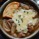 Slow cooker beef onion soup - the image is a close-up of a bowl of soup with a slice of bread on the side. the soup appears to be a beef stew with chunks of beef, onions, and cheese on top. the bowl is made of ceramic and has a blue and white pattern around the edges. there is a sprig of thyme on top of the soup, adding a pop of green color to the dish. the background is dark, making the soup and bread stand out. a spoon is resting on the right side of the image.