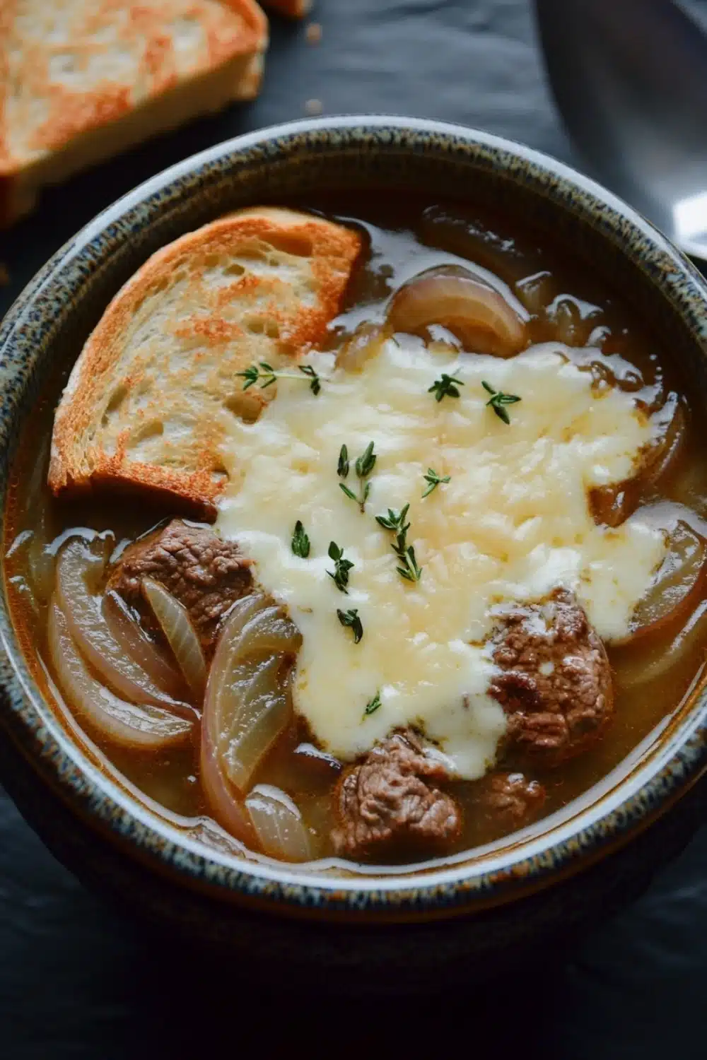 Slow cooker beef onion soup - the image is a close-up of a bowl of soup with a slice of bread on the side. the soup appears to be a beef stew with chunks of beef, onions, and cheese on top. the bowl is made of ceramic and has a blue and white pattern around the edges. there is a sprig of thyme on top of the soup, adding a pop of green color to the dish. the background is dark, making the soup and bread stand out. a spoon is resting on the right side of the image.