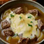 Slow cooker beef onion soup - the image shows a bowl of beef stew with a dollop of melted cheese on top. the stew is a rich brown color and appears to be thick and creamy. there are chunks of beef, onions, and herbs scattered throughout the dish. the bowl is made of ceramic and is sitting on a wooden table. in the background, there are two slices of toasted bread. the overall mood of the image is warm and inviting.