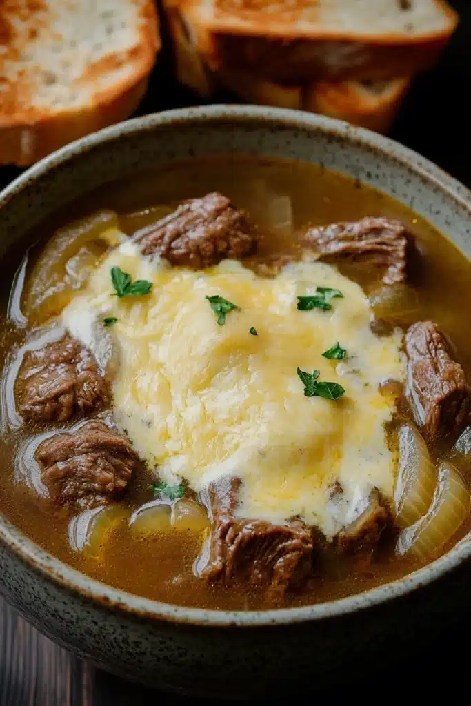 Slow cooker beef onion soup - the image shows a bowl of beef stew with a dollop of melted cheese on top. the stew is a rich brown color and appears to be thick and creamy. there are chunks of beef, onions, and herbs scattered throughout the dish. the bowl is made of ceramic and is sitting on a wooden table. in the background, there are two slices of toasted bread. the overall mood of the image is warm and inviting.