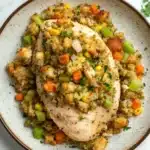 Slow cooker chicken and stuffing - the image shows a plate of food with a piece of chicken on top of a bed of couscous. the chicken is cooked to a golden brown color and appears to be seasoned with herbs and spices. the cous cous is mixed with diced vegetables such as carrots, celery, and onions. the plate is white with a brown rim and is garnished with fresh parsley. the background is a white marble countertop.