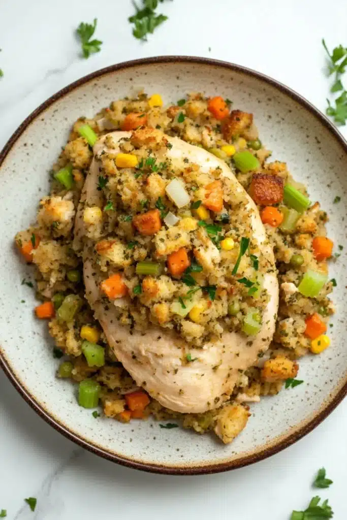 Slow cooker chicken and stuffing - the image shows a plate of food with a piece of chicken on top of a bed of couscous. the chicken is cooked to a golden brown color and appears to be seasoned with herbs and spices. the cous cous is mixed with diced vegetables such as carrots, celery, and onions. the plate is white with a brown rim and is garnished with fresh parsley. the background is a white marble countertop.
