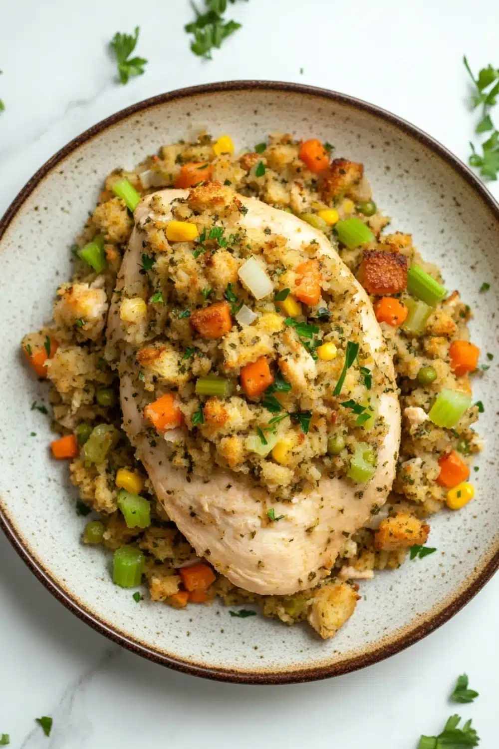 Slow cooker chicken and stuffing - the image shows a plate of food with a piece of chicken on top of a bed of couscous. the chicken is cooked to a golden brown color and appears to be seasoned with herbs and spices. the cous cous is mixed with diced vegetables such as carrots, celery, and onions. the plate is white with a brown rim and is garnished with fresh parsley. the background is a white marble countertop.