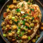 Slow cooker chicken and stuffing - the image shows a plate of food on a wooden table. the plate is round and has a dark blue rim. on top of the plate, there is a large piece of cooked chicken with a golden brown crust on top. the chicken is garnished with chopped green onions and crumbled breadcrumbs. there are also a few sprigs of parsley scattered around the plate. the background is dark, making the plate and its contents stand out.