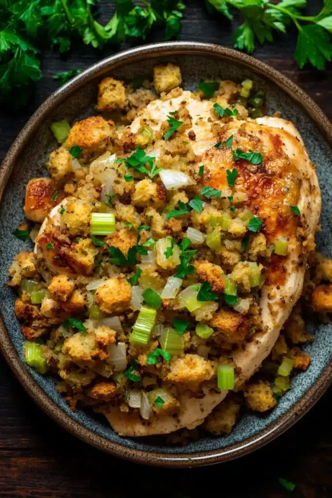 Slow cooker chicken and stuffing - the image shows a plate of food on a wooden table. the plate is round and has a dark blue rim. on top of the plate, there is a large piece of cooked chicken with a golden brown crust on top. the chicken is garnished with chopped green onions and crumbled breadcrumbs. there are also a few sprigs of parsley scattered around the plate. the background is dark, making the plate and its contents stand out.