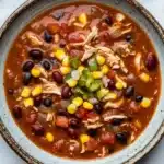 Slow cooker chicken chili - the image is a close-up of a bowl of chili. the chili is a rich orange color and appears to be thick and hearty. it is filled with chunks of chicken, diced tomatoes, black beans, corn kernels, and green bell peppers. the bowl is made of ceramic and has a light blue rim. the background is a white marble countertop.