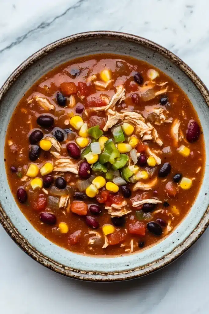Slow cooker chicken chili - the image is a close-up of a bowl of chili. the chili is a rich orange color and appears to be thick and hearty. it is filled with chunks of chicken, diced tomatoes, black beans, corn kernels, and green bell peppers. the bowl is made of ceramic and has a light blue rim. the background is a white marble countertop.