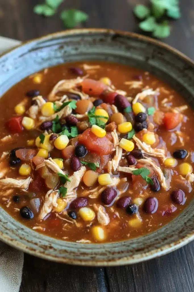 Slow cooker chicken chili - the image is a close-up of a bowl of chili. the chili is a rich orange color and appears to be made with chunks of chicken, black beans, corn kernels, and other vegetables. the bowl is made of ceramic and is sitting on a wooden table. there are a few sprigs of parsley scattered around the bowl. the background is blurred, but it seems to be a rustic kitchen countertop.