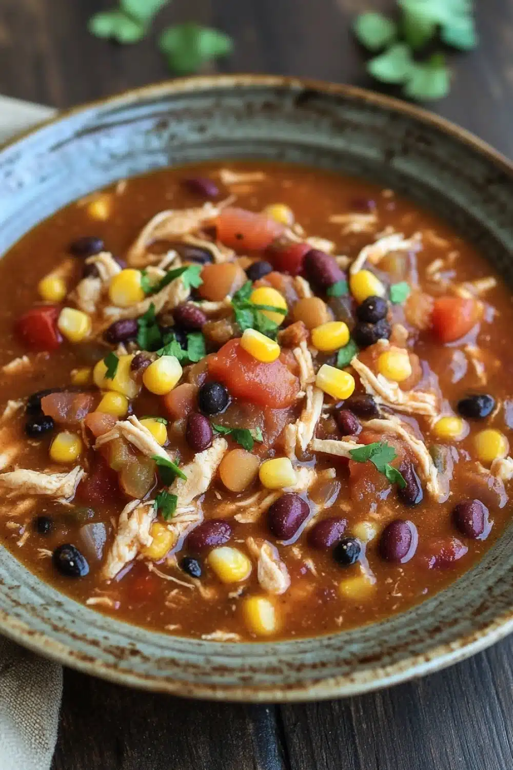 Slow cooker chicken chili - the image is a close-up of a bowl of chili. the chili is a rich orange color and appears to be made with chunks of chicken, black beans, corn kernels, and other vegetables. the bowl is made of ceramic and is sitting on a wooden table. there are a few sprigs of parsley scattered around the bowl. the background is blurred, but it seems to be a rustic kitchen countertop.
