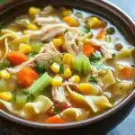 Slow cooker chicken corn noodle soup - the image is a close-up of a bowl of soup. the soup appears to be a type of noodle soup with chunks of chicken, corn, carrots, celery, and other vegetables mixed in. the bowl is made of ceramic and is sitting on a dark grey surface. there are a few sprigs of parsley scattered around the bowl. the background is blurred, but it seems to be an outdoor setting with greenery.
