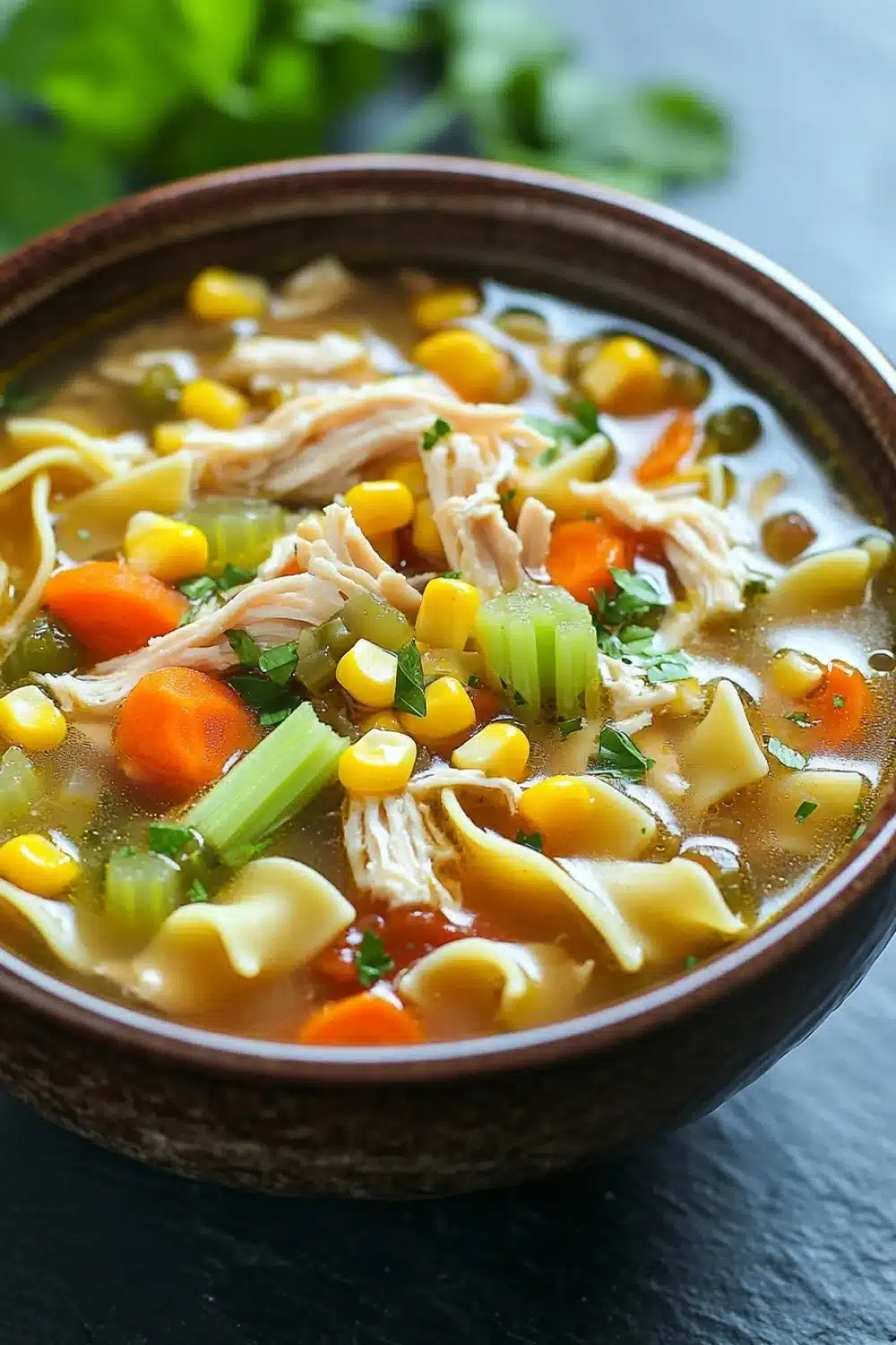 Slow cooker chicken corn noodle soup - the image is a close-up of a bowl of soup. the soup appears to be a type of noodle soup with chunks of chicken, corn, carrots, celery, and other vegetables mixed in. the bowl is made of ceramic and is sitting on a dark grey surface. there are a few sprigs of parsley scattered around the bowl. the background is blurred, but it seems to be an outdoor setting with greenery.