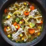 Slow cooker chicken corn noodle soup - the image is a close-up of a bowl of soup on a wooden table. the soup appears to be a chicken noodle soup with chunks of chicken, corn, carrots, celery, and other vegetables mixed in. the bowl is made of dark brown ceramic and has a handle on one side. the broth is thick and creamy, and the vegetables are bright orange and yellow. there are also some herbs and spices scattered throughout the soup, adding a pop of green color to the dish. the background is dark and out of focus, making the bowl the focal point of the image.
