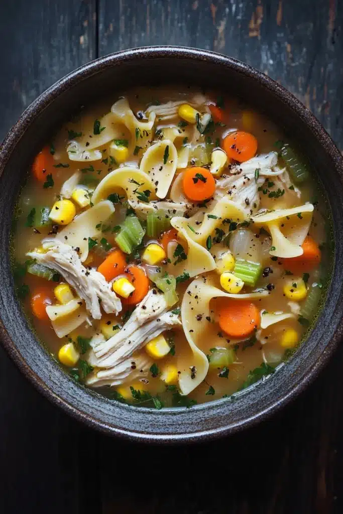 Slow cooker chicken corn noodle soup - the image is a close-up of a bowl of soup on a wooden table. the soup appears to be a chicken noodle soup with chunks of chicken, corn, carrots, celery, and other vegetables mixed in. the bowl is made of dark brown ceramic and has a handle on one side. the broth is thick and creamy, and the vegetables are bright orange and yellow. there are also some herbs and spices scattered throughout the soup, adding a pop of green color to the dish. the background is dark and out of focus, making the bowl the focal point of the image.