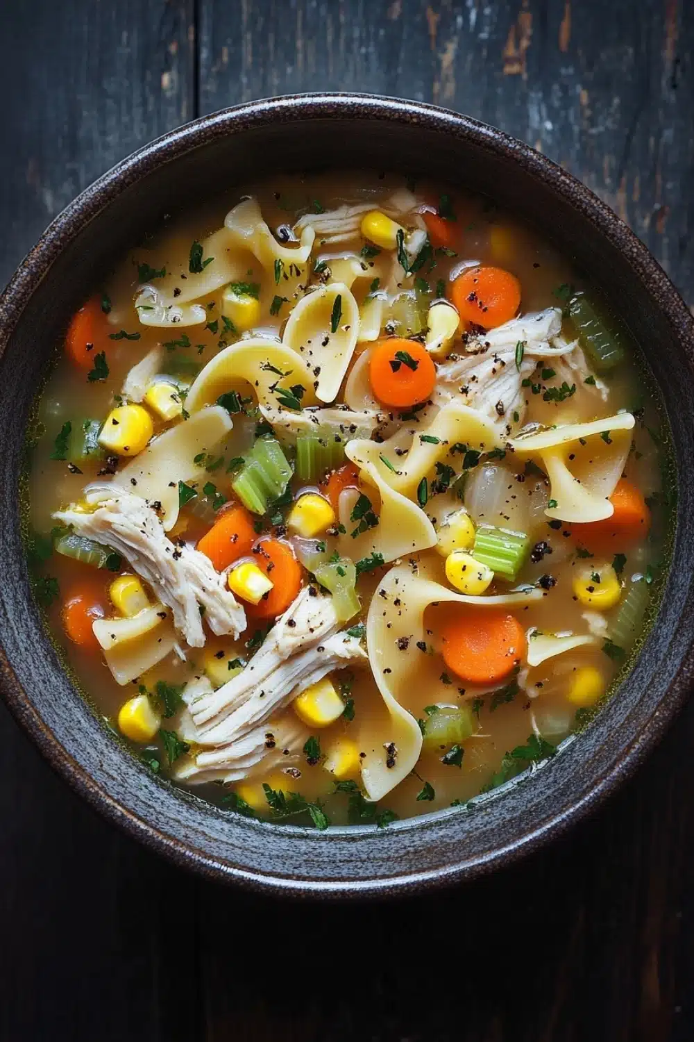 Slow cooker chicken corn noodle soup - the image is a close-up of a bowl of soup on a wooden table. the soup appears to be a chicken noodle soup with chunks of chicken, corn, carrots, celery, and other vegetables mixed in. the bowl is made of dark brown ceramic and has a handle on one side. the broth is thick and creamy, and the vegetables are bright orange and yellow. there are also some herbs and spices scattered throughout the soup, adding a pop of green color to the dish. the background is dark and out of focus, making the bowl the focal point of the image.