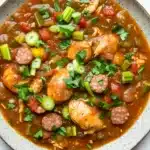 Slow cooker chicken gumbo - the image is a close-up of a bowl of soup or stew. the soup is a rich orange color and appears to be thick and creamy. it is garnished with chopped green onions, red bell peppers, and chunks of chicken. the chicken is cooked to a golden brown color and is surrounded by small pieces of sausage and other vegetables. the dish is served in a gray ceramic bowl with a speckled rim. the bowl is sitting on a white marble countertop.