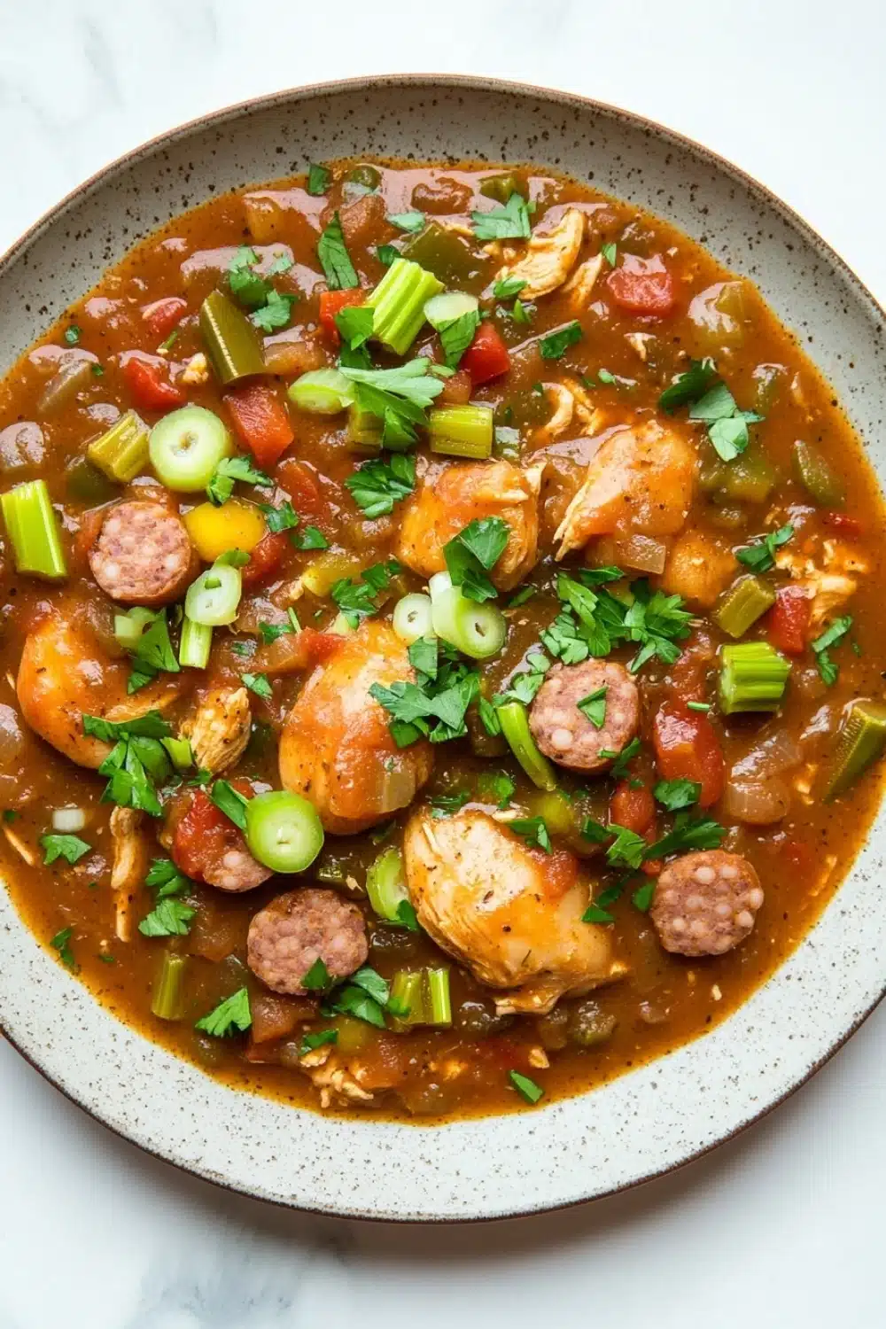 Slow cooker chicken gumbo - the image is a close-up of a bowl of soup or stew. the soup is a rich orange color and appears to be thick and creamy. it is garnished with chopped green onions, red bell peppers, and chunks of chicken. the chicken is cooked to a golden brown color and is surrounded by small pieces of sausage and other vegetables. the dish is served in a gray ceramic bowl with a speckled rim. the bowl is sitting on a white marble countertop.