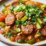 Slow cooker chicken gumbo - the image is a close-up of a dish in a brown ceramic bowl. the dish appears to be a stew or stew with chunks of meat and vegetables mixed in. the meat is cooked in a tomato-based sauce and is garnished with chopped green onions and red bell peppers. there are also chunks of red bell pepper and green onions scattered throughout the dish. the bowl is sitting on a white marble countertop.