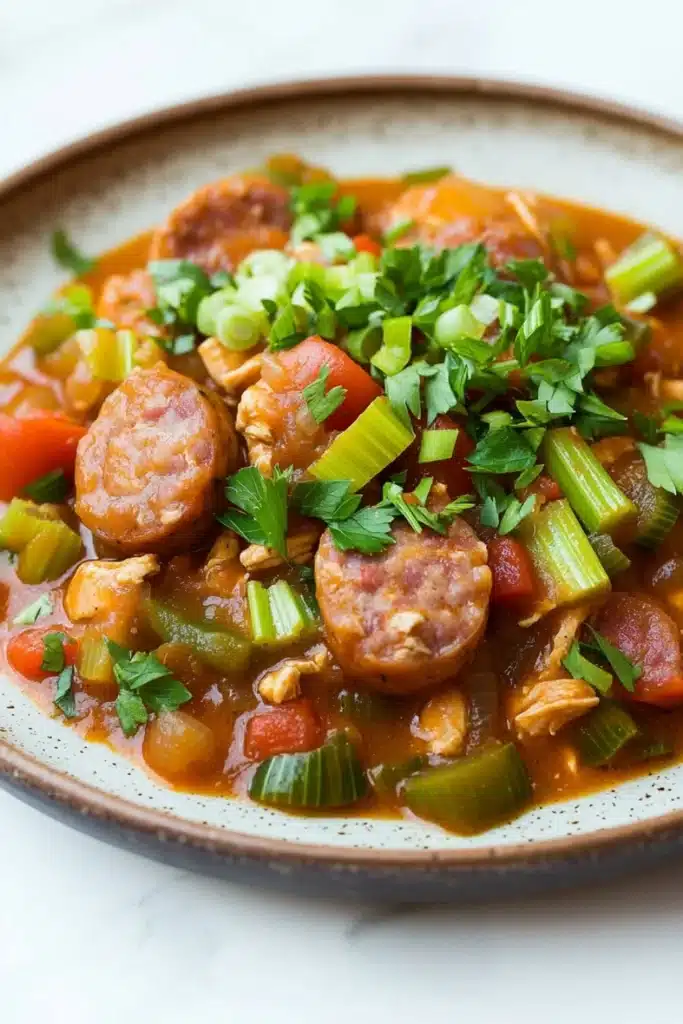 Slow cooker chicken gumbo - the image is a close-up of a dish in a brown ceramic bowl. the dish appears to be a stew or stew with chunks of meat and vegetables mixed in. the meat is cooked in a tomato-based sauce and is garnished with chopped green onions and red bell peppers. there are also chunks of red bell pepper and green onions scattered throughout the dish. the bowl is sitting on a white marble countertop.