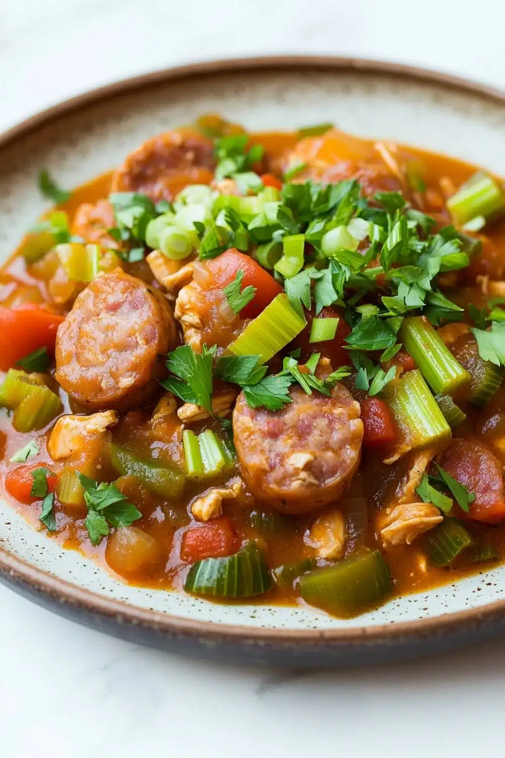 Slow cooker chicken gumbo - the image is a close-up of a dish in a brown ceramic bowl. the dish appears to be a stew or stew with chunks of meat and vegetables mixed in. the meat is cooked in a tomato-based sauce and is garnished with chopped green onions and red bell peppers. there are also chunks of red bell pepper and green onions scattered throughout the dish. the bowl is sitting on a white marble countertop.