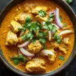 Slow cooker chicken korma curry - the image is a close-up of a bowl of indian curry. the curry is a rich orange color and appears to be thick and creamy. it is garnished with fresh cilantro and sliced red onions. the bowl is made of dark brown ceramic and is sitting on a dark wooden table. the background is blurred, making the curry the focal point of the image.
