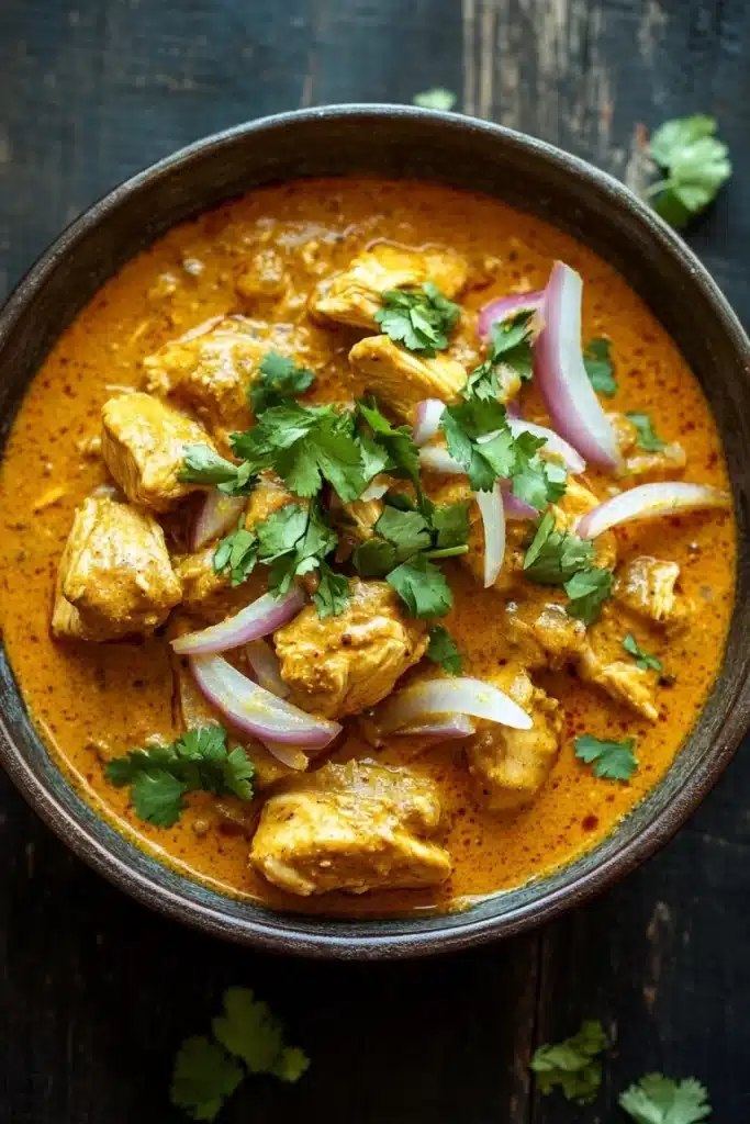 Slow cooker chicken korma curry - the image is a close-up of a bowl of indian curry. the curry is a rich orange color and appears to be thick and creamy. it is garnished with fresh cilantro and sliced red onions. the bowl is made of dark brown ceramic and is sitting on a dark wooden table. the background is blurred, making the curry the focal point of the image.