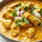 Slow cooker chicken korma curry - the image is a close-up of a bowl of indian curry. the curry is a rich orange color and appears to be thick and creamy. it is garnished with fresh cilantro and sliced red onions. the bowl is made of ceramic and has a dark brown rim. the background is white, making the colors of the curry stand out.