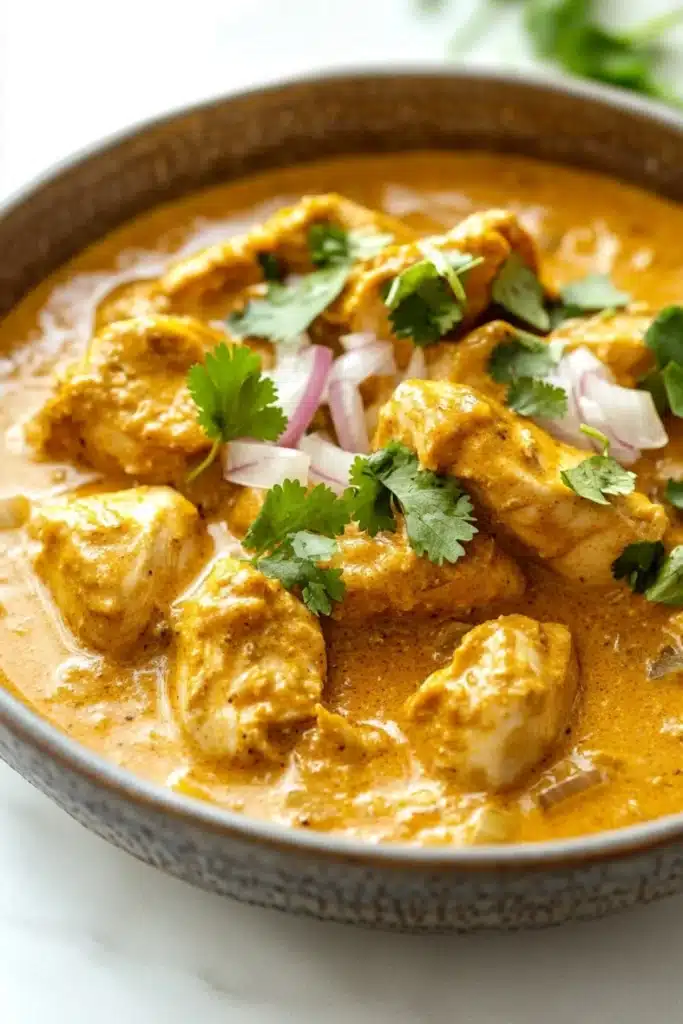 Slow cooker chicken korma curry - the image is a close-up of a bowl of indian curry. the curry is a rich orange color and appears to be thick and creamy. it is garnished with fresh cilantro and sliced red onions. the bowl is made of ceramic and has a dark brown rim. the background is white, making the colors of the curry stand out.