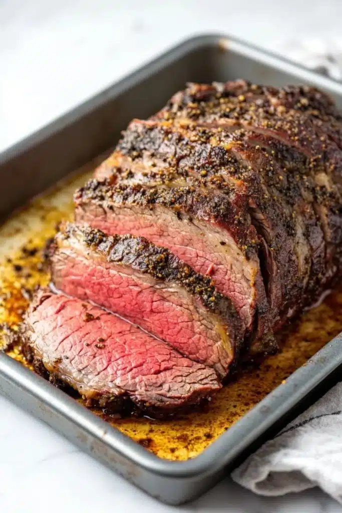 Slow cooker deli roast beef - the image shows a large piece of cooked steak on a baking tray. the steak appears to be medium-rare and has a pinkish-red color. it is sliced into thin strips and is covered in a black pepper sauce. the sauce is drizzled over the top of the steak, giving it a glossy sheen. the tray is lined with parchment paper and there is a white cloth napkin on the side. the background is a plain white countertop.