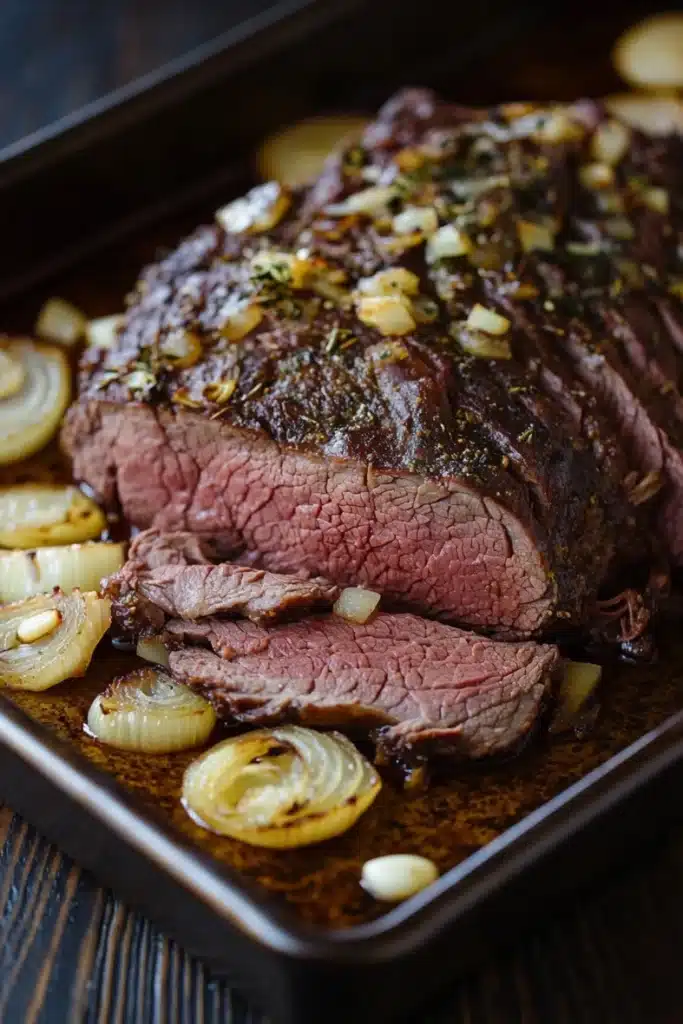 Slow cooker deli roast beef - the image shows a large piece of cooked steak on a black baking tray. the steak appears to be medium-rare and has a pinkish-brown crust on top. it is garnished with chopped herbs and sliced onions. the tray is sitting on a wooden table with a blue and white striped napkin underneath. the overall presentation of the dish is elegant and appetizing.
