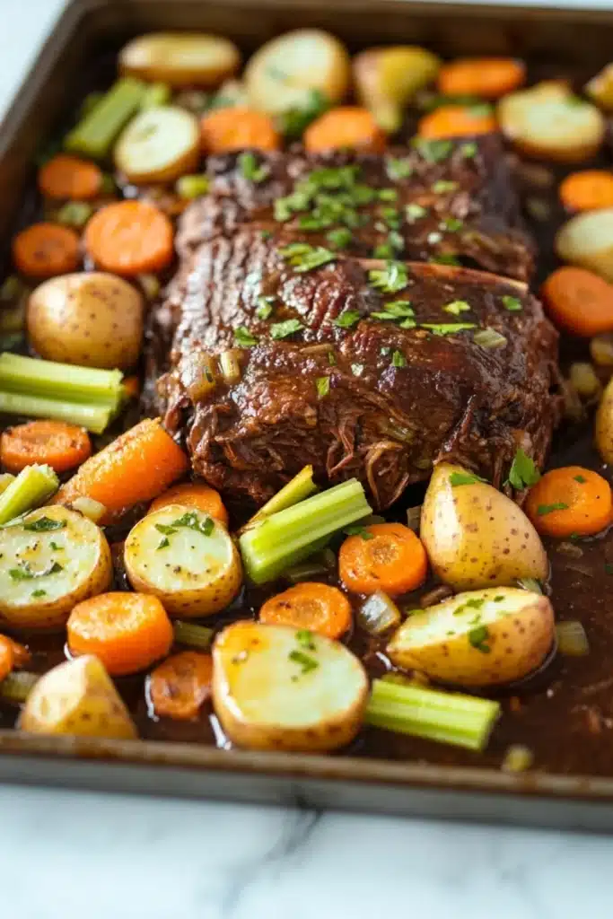 Slow cooker pot roast and vegetables - the image shows a baking tray filled with a dish of beef and vegetables. the beef appears to be cooked medium-rare and is covered in a rich, dark brown sauce. the vegetables include carrots, potatoes, and celery. the tray is lined with parchment paper and is placed on a white marble countertop. the dish looks appetizing and ready to be served.