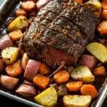 Slow cooker pot roast and vegetables - the image shows a rectangular baking tray with a large piece of roast beef on it. the roast beef is cooked medium-rare and has a golden brown crust on top. it is surrounded by roasted vegetables, including carrots, potatoes, and onions. the vegetables are arranged in a pile on the tray, with some overlapping each other. the tray is placed on a wooden table, and the background is blurred, making the focus of the image the roast beef and vegetables.