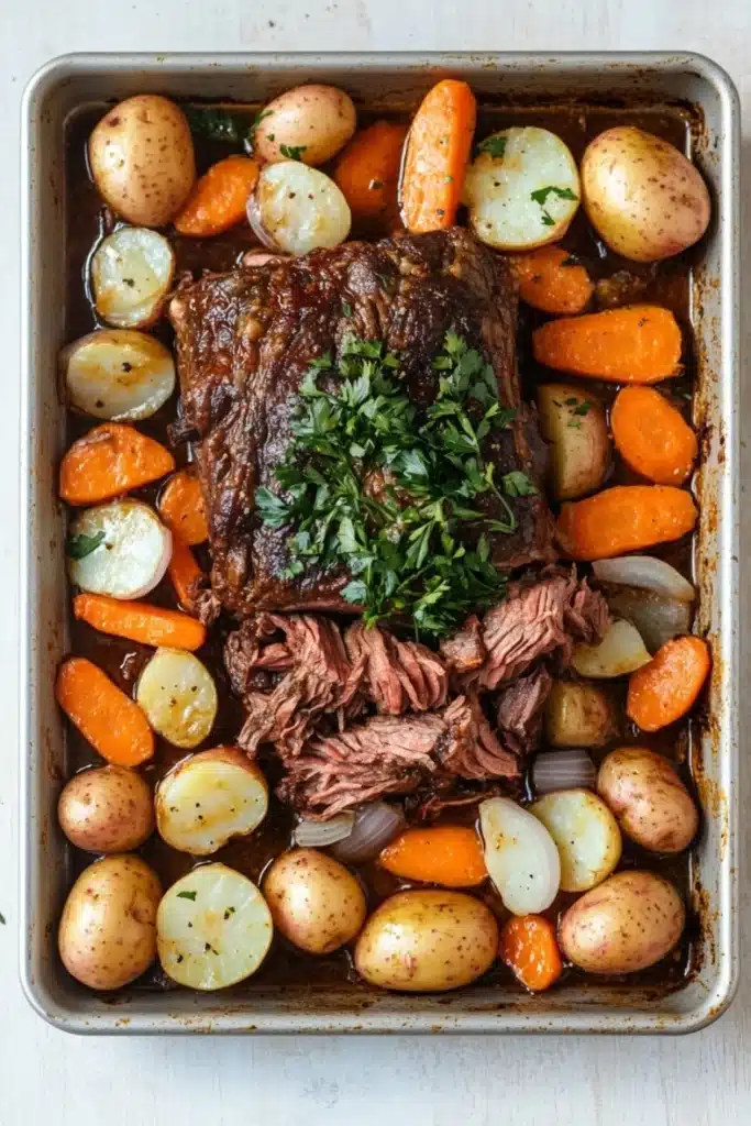 Slow cooker pot roast beef - the image shows a rectangular baking dish filled with a roast beef dish. the roast beef is cooked medium-rare and is garnished with a sprig of fresh parsley. the dish is served on a bed of roasted potatoes and carrots. the potatoes are golden brown and appear to be seasoned with herbs and spices. the carrots are bright orange and look ripe and juicy. the onions are white and are scattered throughout the dish, adding a pop of color to the overall appearance. the tray is lined with parchment paper and is sitting on a white countertop.