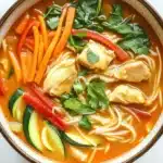 Slow cooker thai red curry noodle soup - the image is a close-up of a bowl of soup. the soup appears to be thick and creamy, with chunks of chicken and vegetables mixed in. the bowl is made of ceramic and has a brown rim. the broth is a rich orange color and is thick and thick. there are also chunks of red and green vegetables such as carrots, zucchini, and red bell peppers scattered throughout the soup. on top of the soup, there is a sprig of fresh cilantro. the background is a white marble countertop.