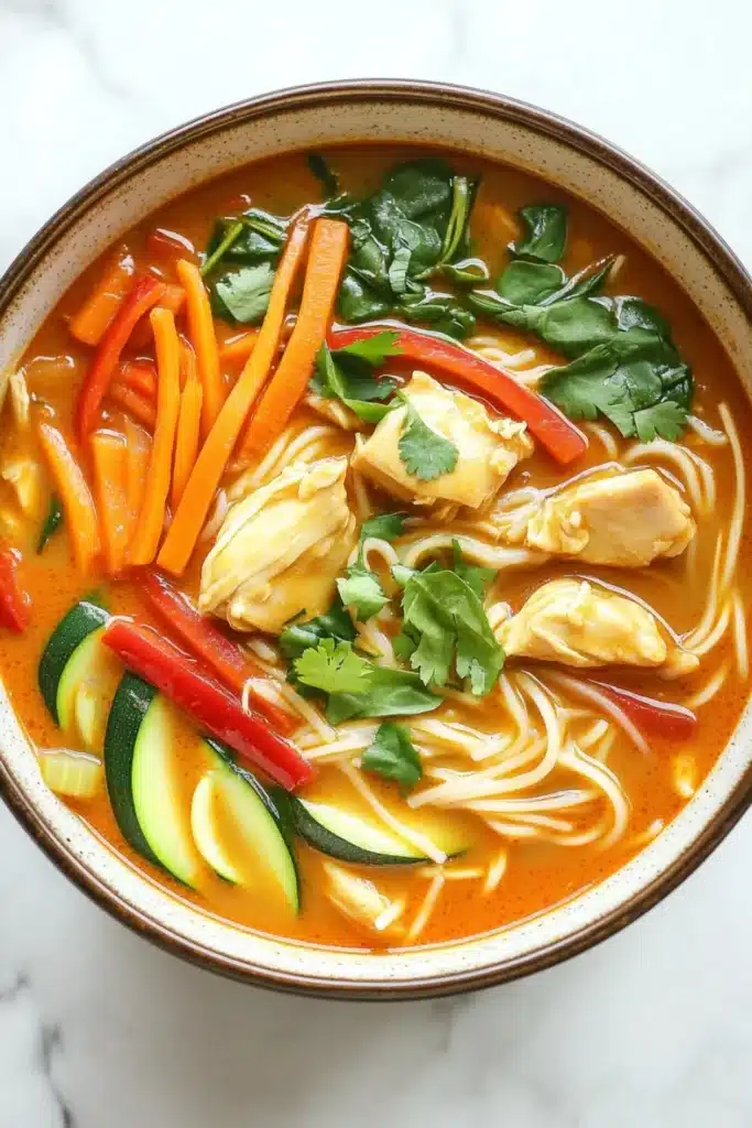 Slow cooker thai red curry noodle soup - the image is a close-up of a bowl of soup. the soup appears to be thick and creamy, with chunks of chicken and vegetables mixed in. the bowl is made of ceramic and has a brown rim. the broth is a rich orange color and is thick and thick. there are also chunks of red and green vegetables such as carrots, zucchini, and red bell peppers scattered throughout the soup. on top of the soup, there is a sprig of fresh cilantro. the background is a white marble countertop.